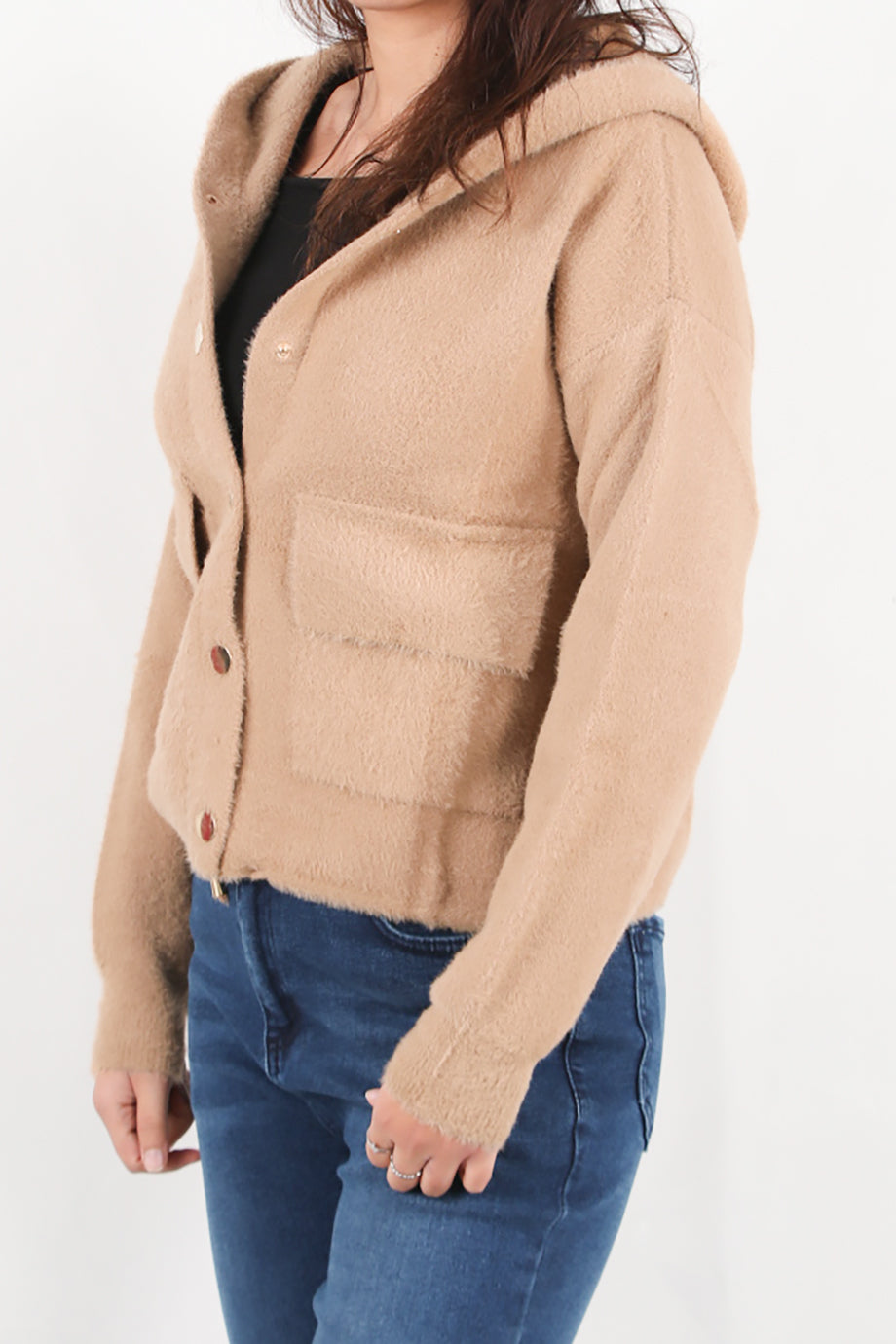 Fluffcardy  Kadın Kapşonlu Ön Düğmeli Sakallı Hırka Bej