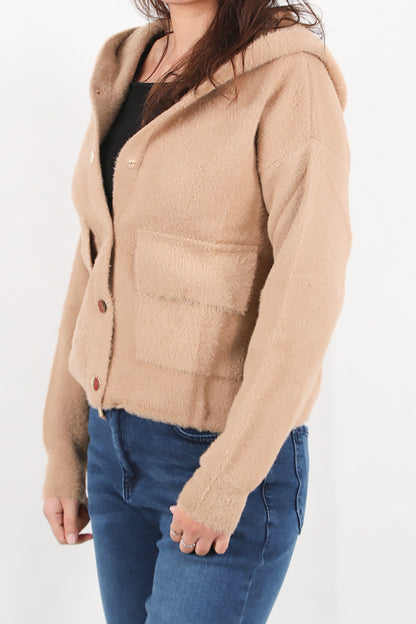 Fluffcardy  Kadın Kapşonlu Ön Düğmeli Sakallı Hırka Bej
