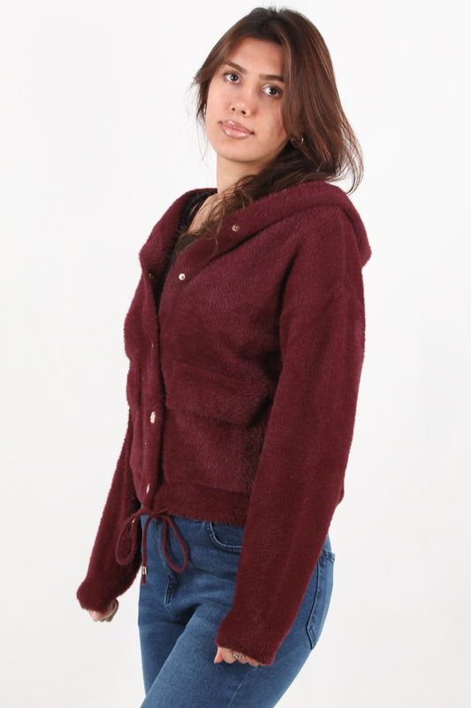 Fluffcardy Kadın Kapşonlu Ön Düğmeli Sakallı Hırka Bordo