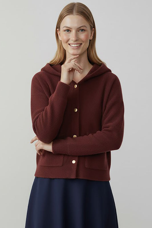 Fluffcardy Kadın Kapşonlu Ön Düğmeli Sakallı Hırka Bordo