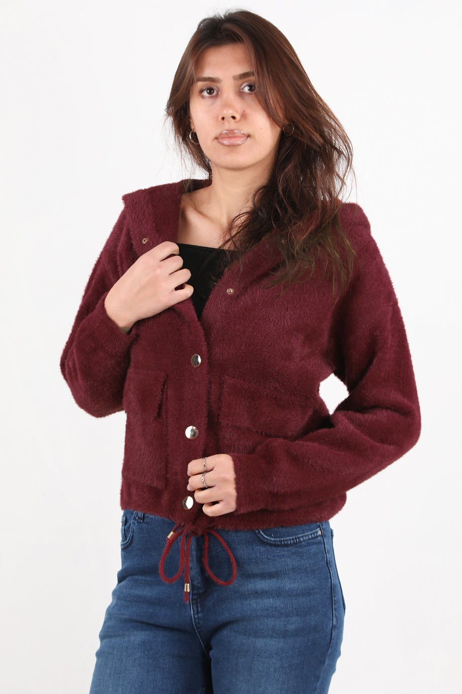 Fluffcardy Kadın Kapşonlu Ön Düğmeli Sakallı Hırka Bordo