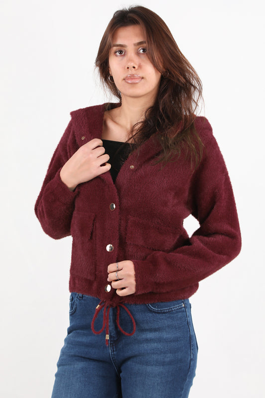 Fluffcardy Kadın Kapşonlu Ön Düğmeli Sakallı Hırka Bordo