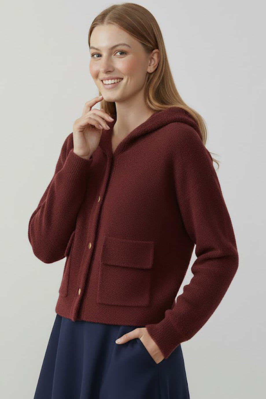 Fluffcardy Kadın Kapşonlu Ön Düğmeli Sakallı Hırka Bordo