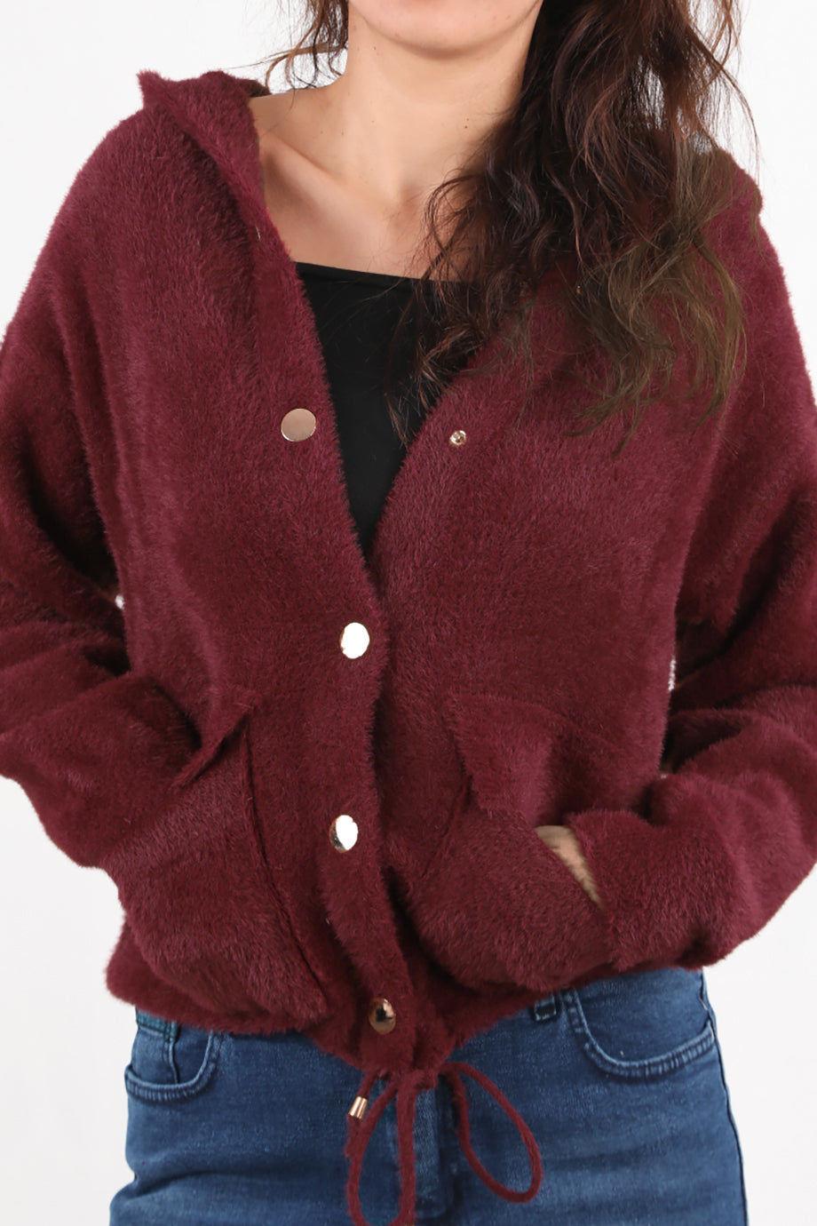 Fluffcardy Kadın Kapşonlu Ön Düğmeli Sakallı Hırka Bordo