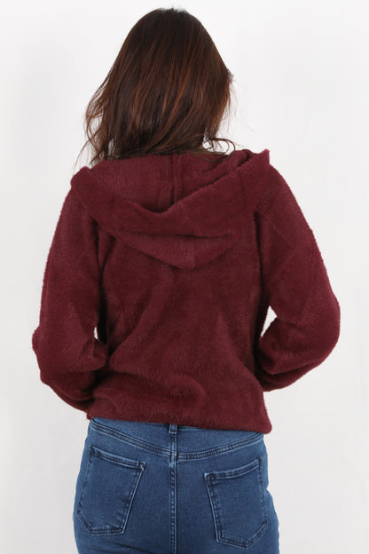 Fluffcardy Kadın Kapşonlu Ön Düğmeli Sakallı Hırka Bordo