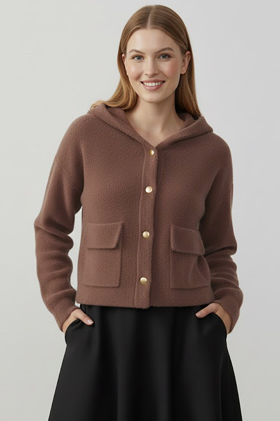 Fluffcardy Kadın Kapşonlu Ön Düğmeli Sakallı Hırka Kahverengi