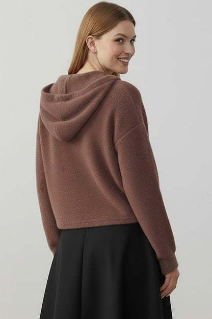 Fluffcardy Kadın Kapşonlu Ön Düğmeli Sakallı Hırka Kahverengi