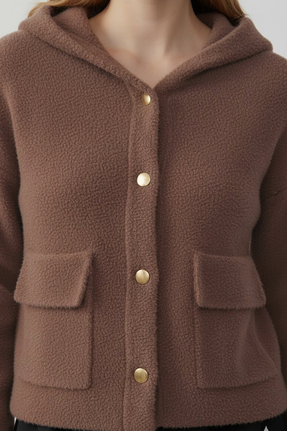 Fluffcardy Kadın Kapşonlu Ön Düğmeli Sakallı Hırka Kahverengi