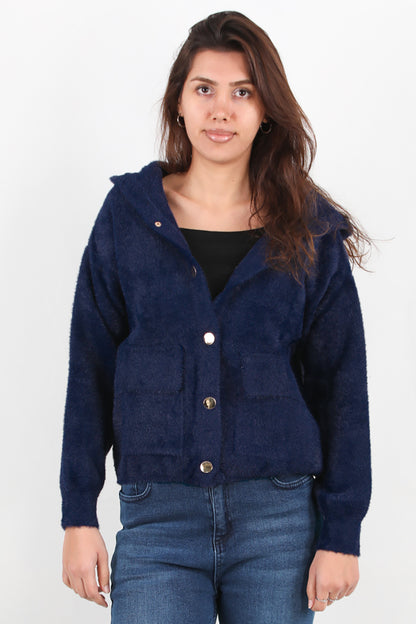 Fluffcardy  Kadın Kapşonlu Ön Düğmeli Sakallı Hırka Lacivert