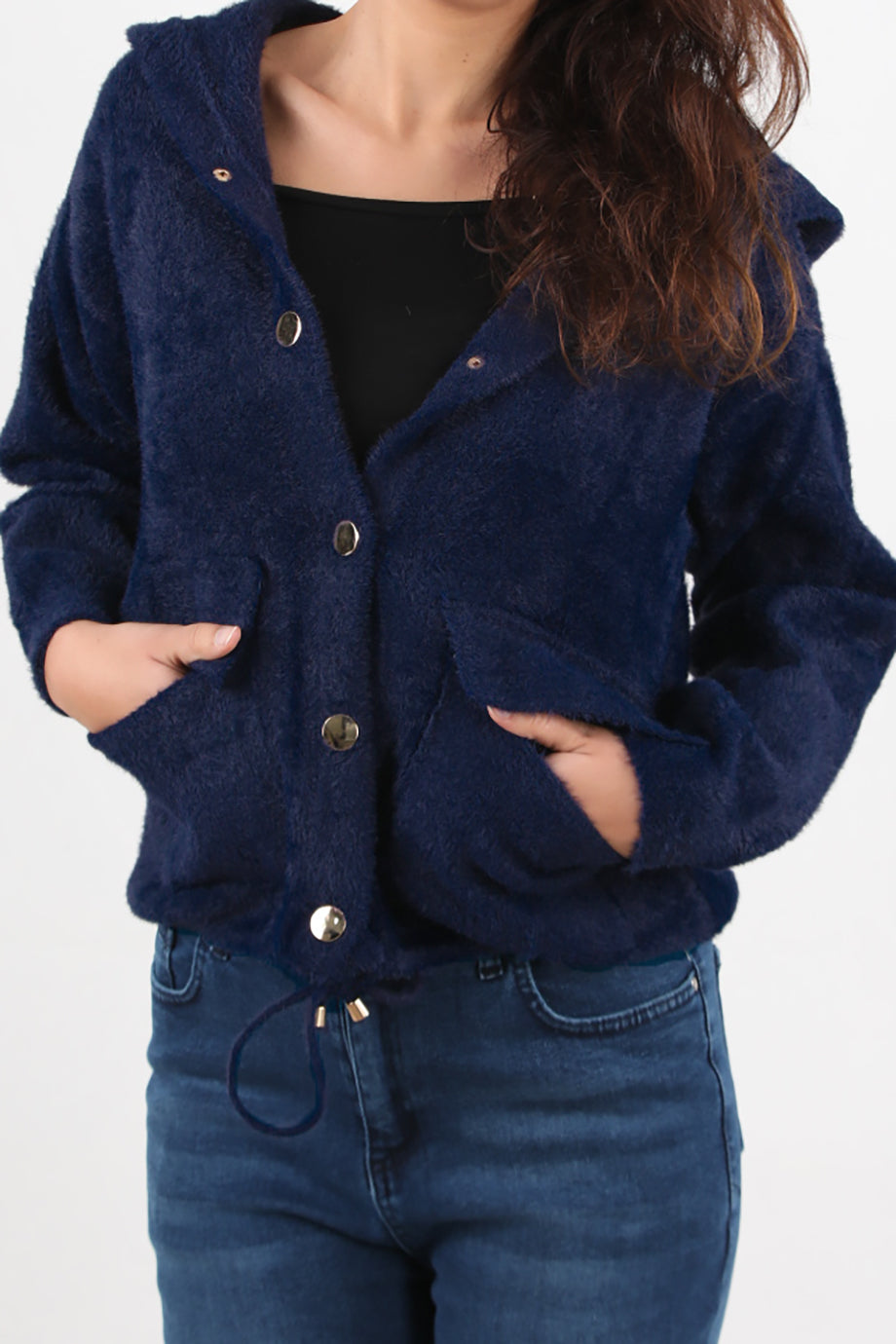 Fluffcardy  Kadın Kapşonlu Ön Düğmeli Sakallı Hırka Lacivert