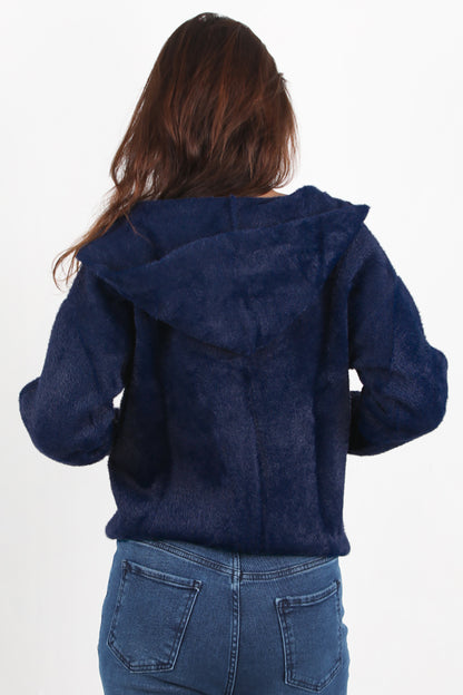 Fluffcardy  Kadın Kapşonlu Ön Düğmeli Sakallı Hırka Lacivert