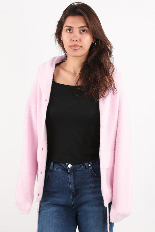 Fluffcardy Kadın Kapşonlu Ön Düğmeli Sakallı Hırka Pembe