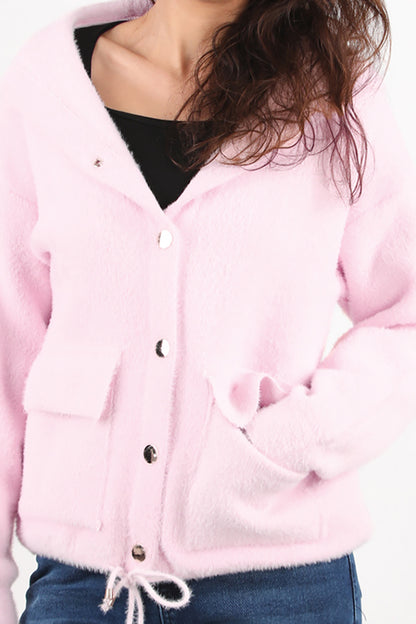 Fluffcardy Kadın Kapşonlu Ön Düğmeli Sakallı Hırka Pembe