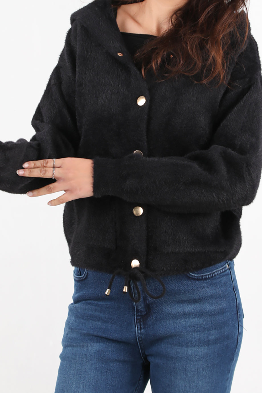 Fluffcardy Kadın Kapşonlu Ön Düğmeli Sakallı Hırka Siyah