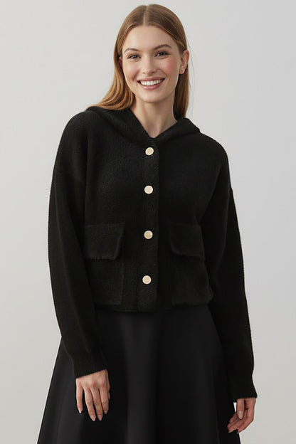 Fluffcardy Kadın Kapşonlu Ön Düğmeli Sakallı Hırka Siyah