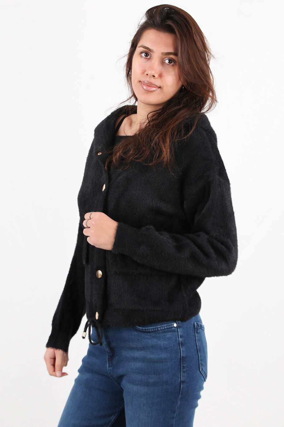 Fluffcardy Kadın Kapşonlu Ön Düğmeli Sakallı Hırka Siyah