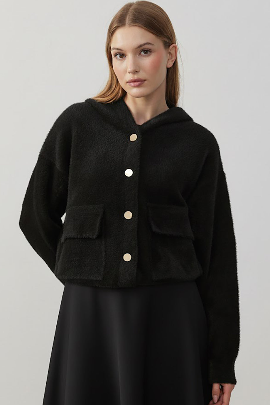 Fluffcardy Kadın Kapşonlu Ön Düğmeli Sakallı Hırka Siyah