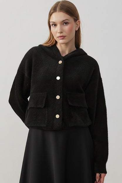 Fluffcardy Kadın Kapşonlu Ön Düğmeli Sakallı Hırka Siyah