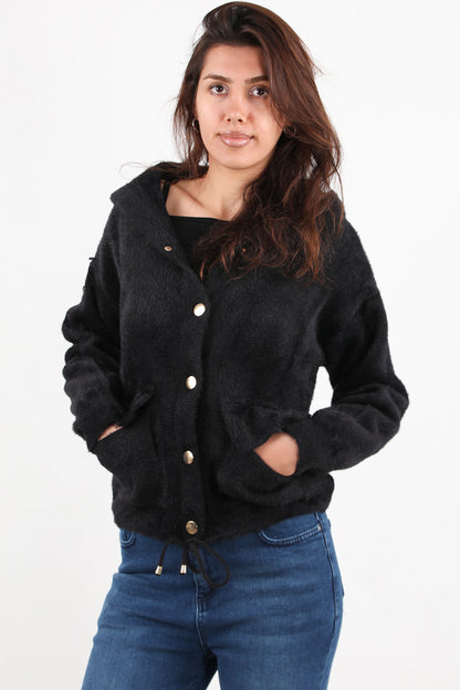 Fluffcardy Kadın Kapşonlu Ön Düğmeli Sakallı Hırka Siyah