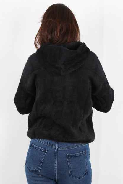 Fluffcardy Kadın Kapşonlu Ön Düğmeli Sakallı Hırka Siyah