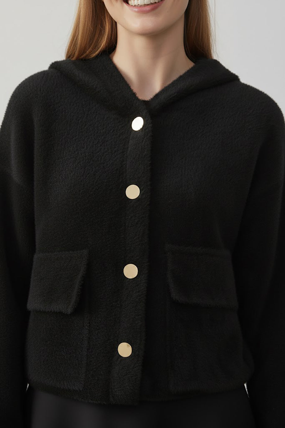 Fluffcardy Kadın Kapşonlu Ön Düğmeli Sakallı Hırka Siyah