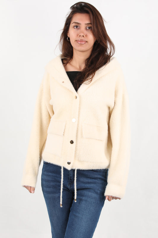 Fluffcardy Kadın Kapşonlu Ön Düğmeli Sakallı Hırka Taş