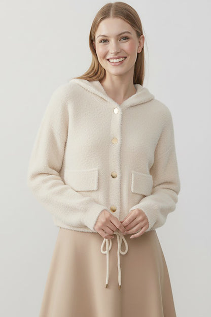 Fluffcardy Kadın Kapşonlu Ön Düğmeli Sakallı Hırka Taş