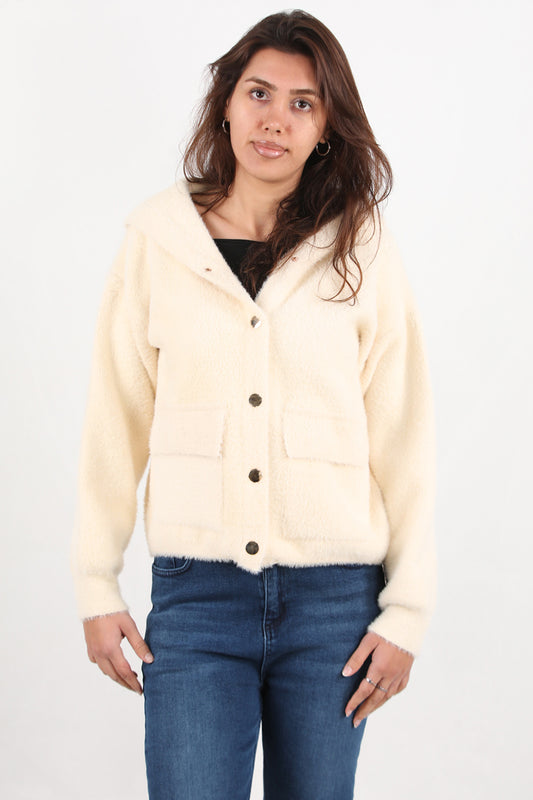 Fluffcardy Kadın Kapşonlu Ön Düğmeli Sakallı Hırka Taş