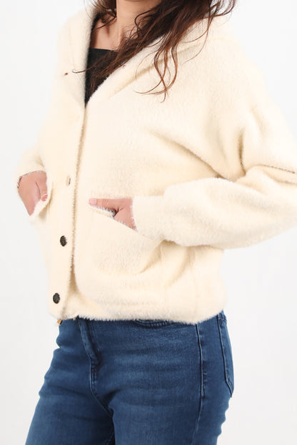 Fluffcardy Kadın Kapşonlu Ön Düğmeli Sakallı Hırka Taş