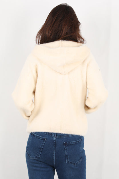 Fluffcardy Kadın Kapşonlu Ön Düğmeli Sakallı Hırka Taş