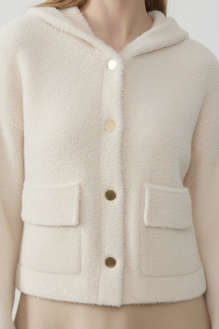 Fluffcardy Kadın Kapşonlu Ön Düğmeli Sakallı Hırka Taş