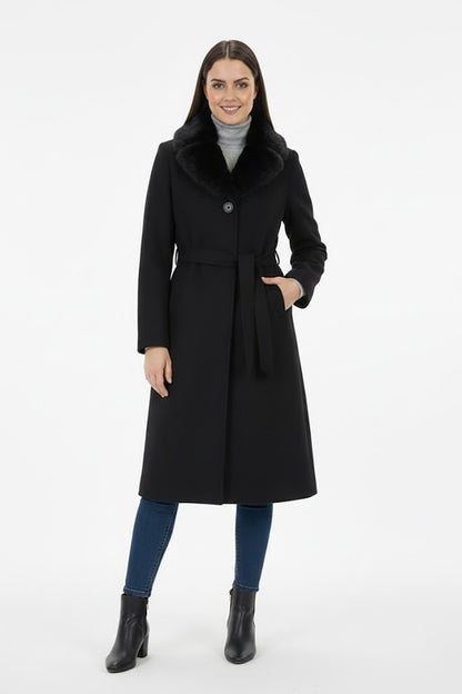 Kadın Yaka Kürklü Kaşe Kaban Siyah