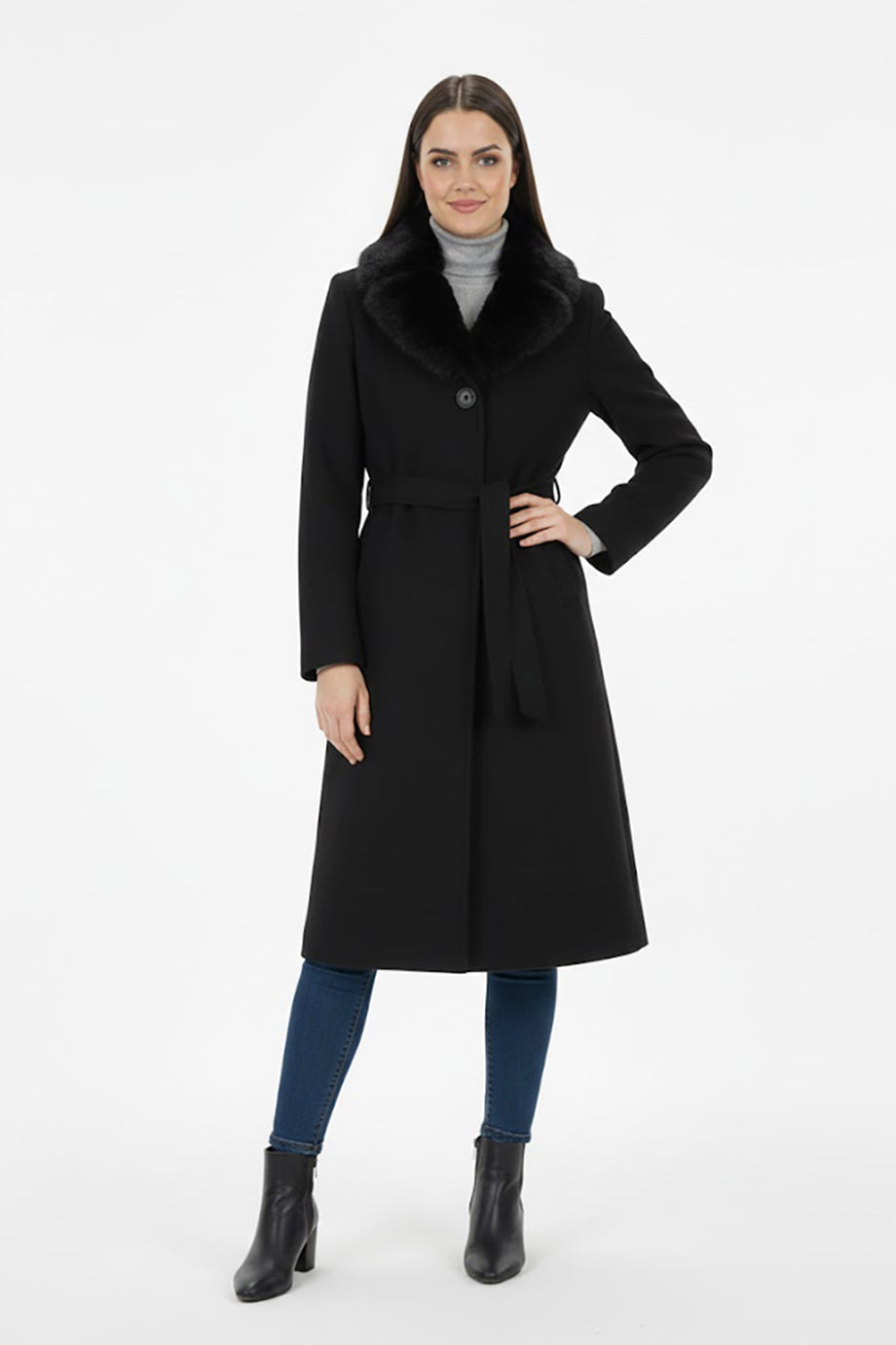 Kadın Yaka Kürklü Kaşe Kaban Siyah