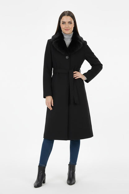 Kadın Yaka Kürklü Kaşe Kaban Siyah