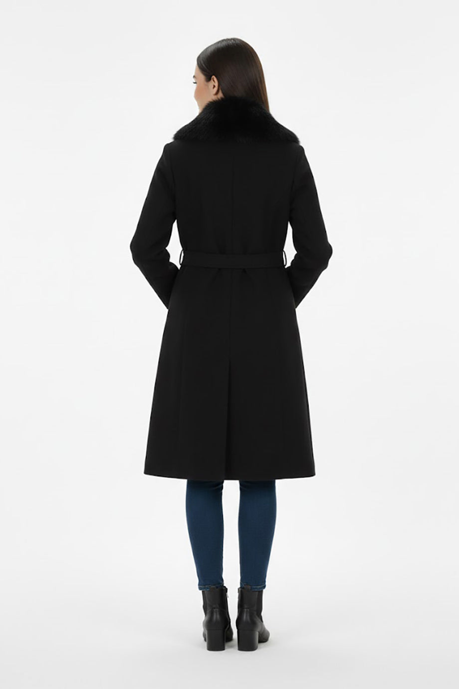 Kadın Yaka Kürklü Kaşe Kaban Siyah