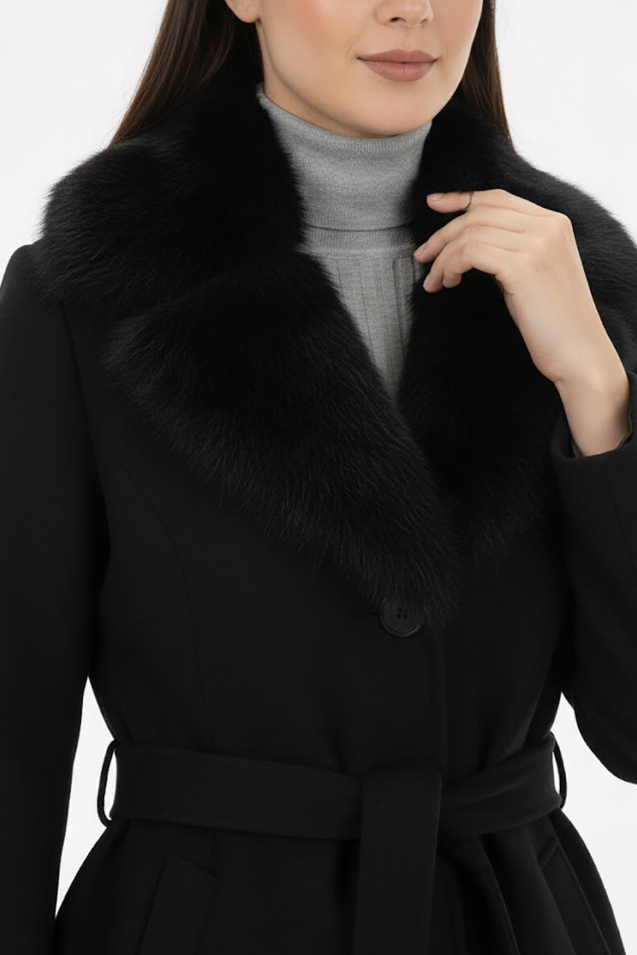 Kadın Yaka Kürklü Kaşe Kaban Siyah