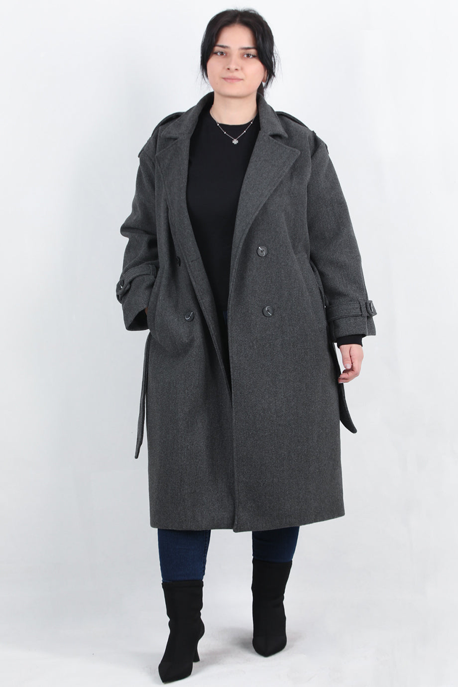 Woolen Büyük Beden Bel Kemerli Kaşe Kaban Antrasit