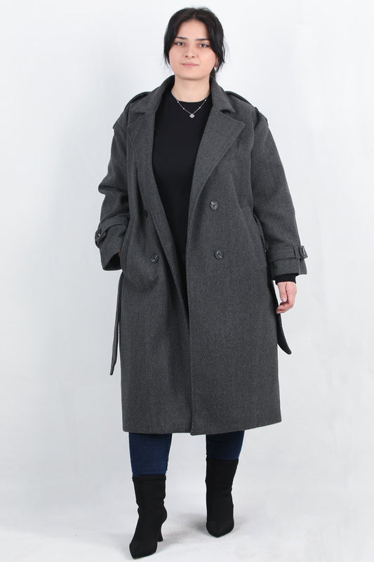 Woolen Büyük Beden Bel Kemerli Kaşe Kaban Antrasit