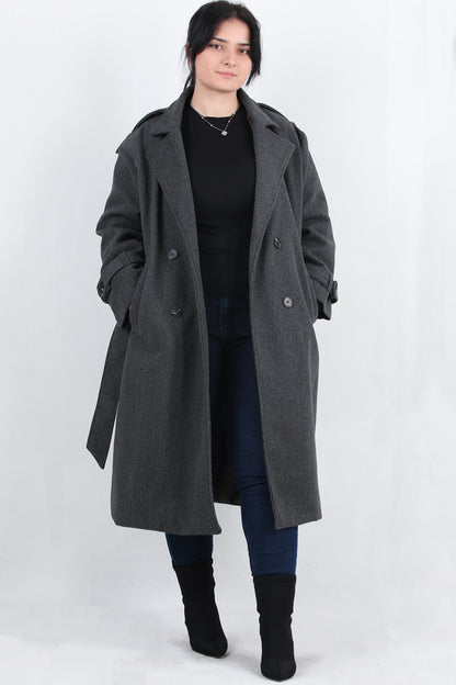 Woolen Büyük Beden Bel Kemerli Kaşe Kaban Antrasit