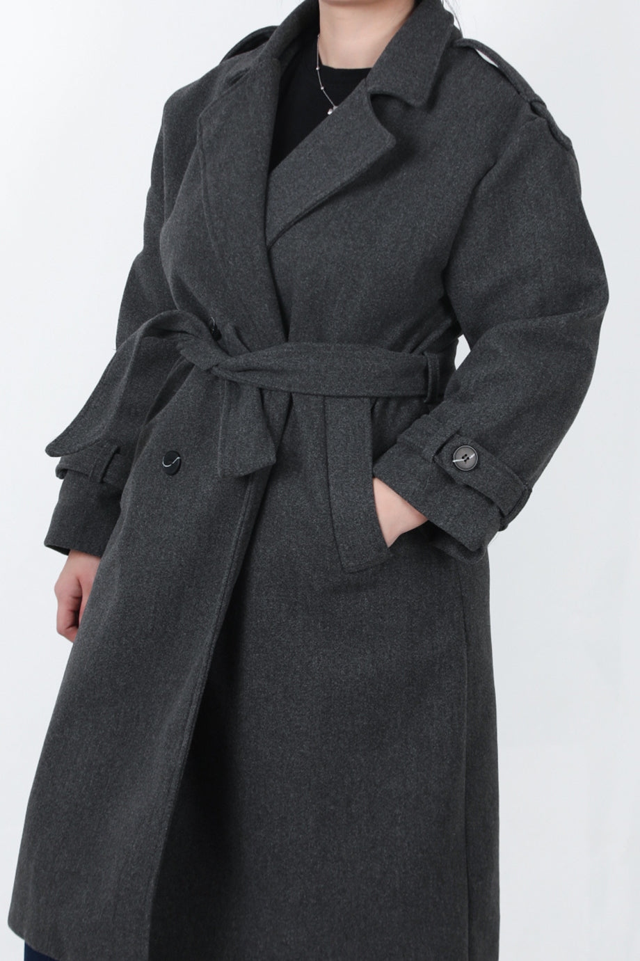 Woolen Büyük Beden Bel Kemerli Kaşe Kaban Antrasit