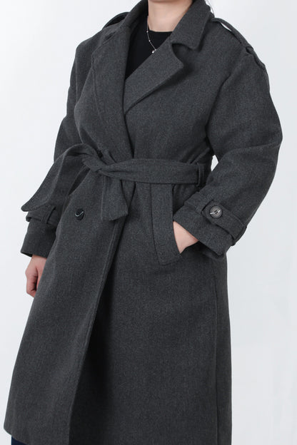 Woolen Büyük Beden Bel Kemerli Kaşe Kaban Antrasit