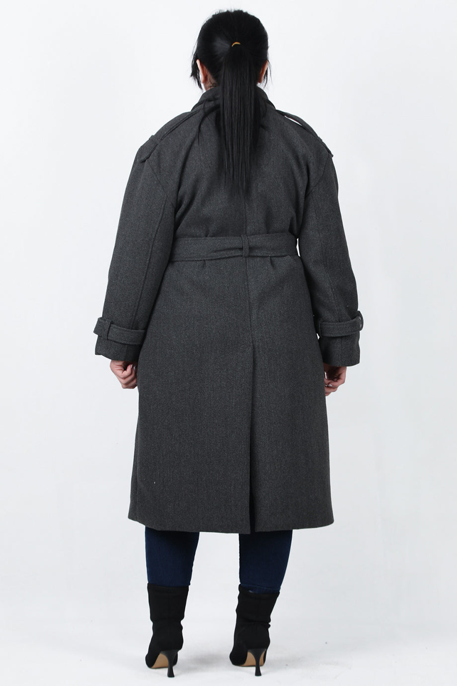 Woolen Büyük Beden Bel Kemerli Kaşe Kaban Antrasit