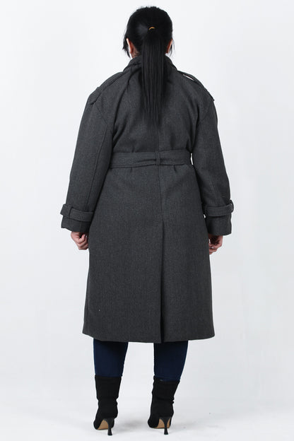 Woolen Büyük Beden Bel Kemerli Kaşe Kaban Antrasit