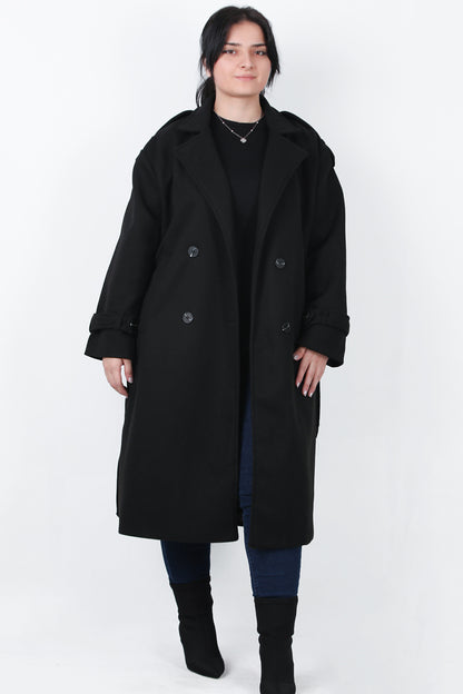 Woolen Büyük Beden Bel Kemerli Kaşe Kaban Siyah