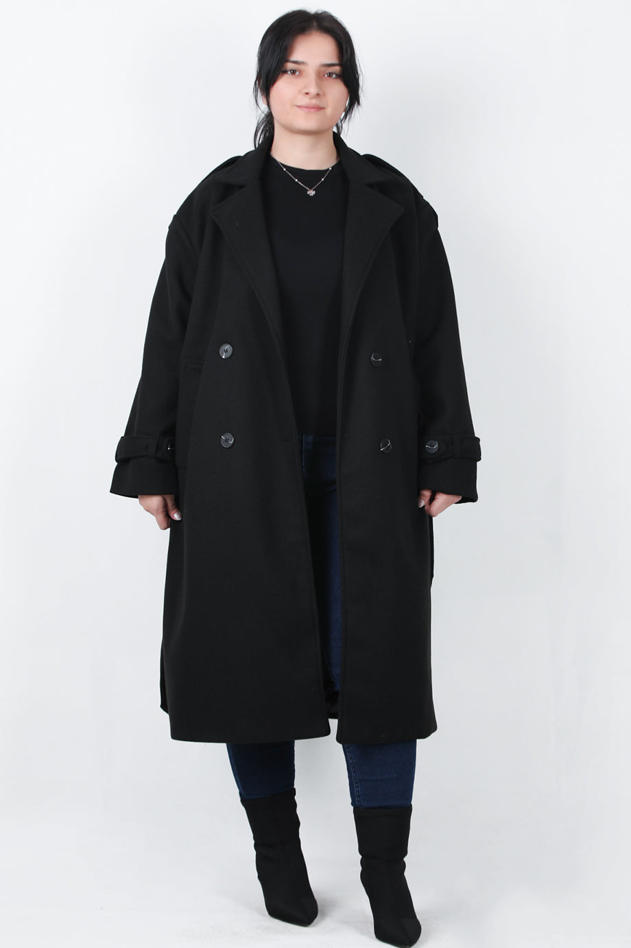Woolen Büyük Beden Bel Kemerli Kaşe Kaban Siyah