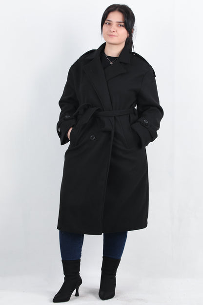 Woolen Büyük Beden Bel Kemerli Kaşe Kaban Siyah