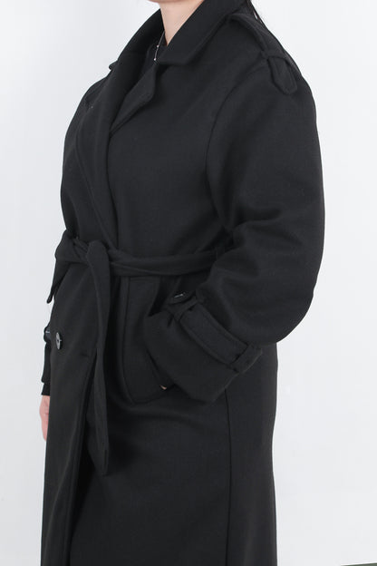 Woolen Büyük Beden Bel Kemerli Kaşe Kaban Siyah