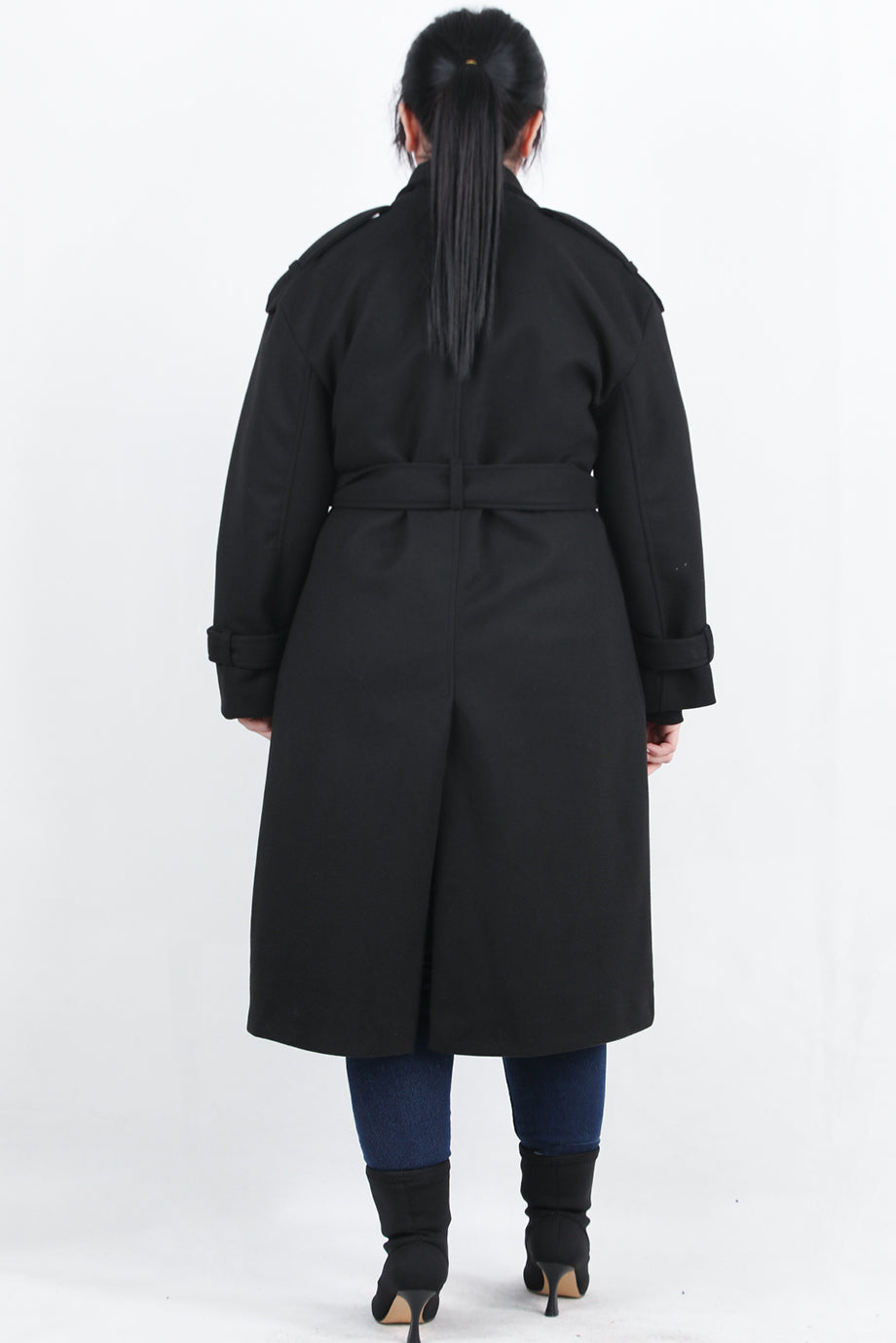 Woolen Büyük Beden Bel Kemerli Kaşe Kaban Siyah