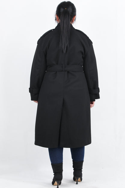 Woolen Büyük Beden Bel Kemerli Kaşe Kaban Siyah