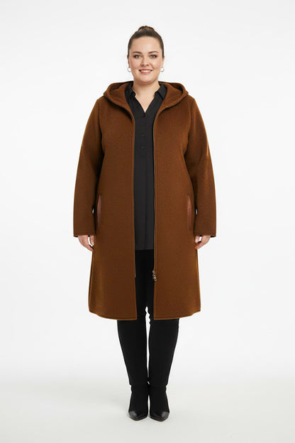 Büyük Beden Ön Fermuarlı Kapşonlu Kaşe Kaban Kahverengi